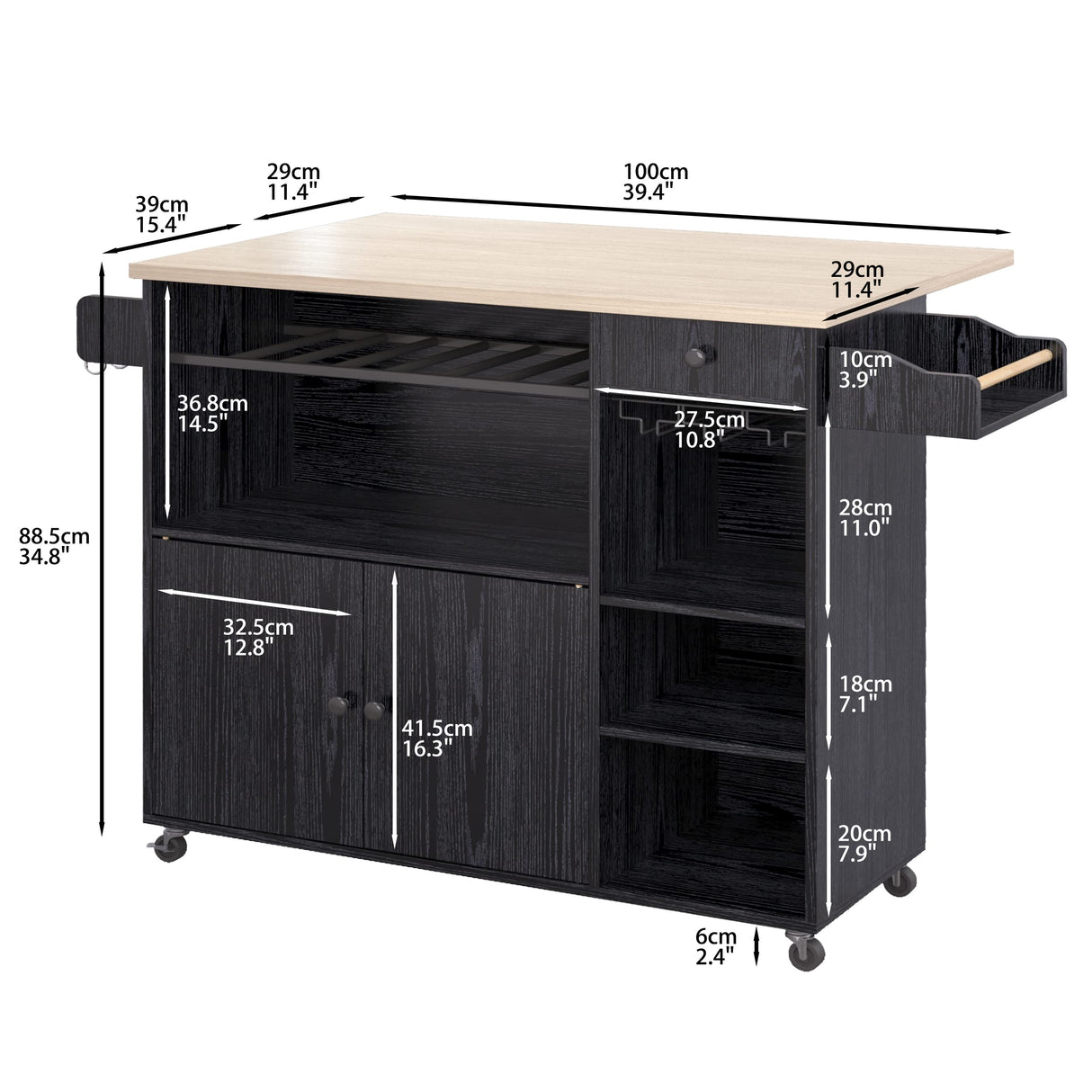 Rolling Kitchen Island Cart with Drop-Leaf and Wine Rack