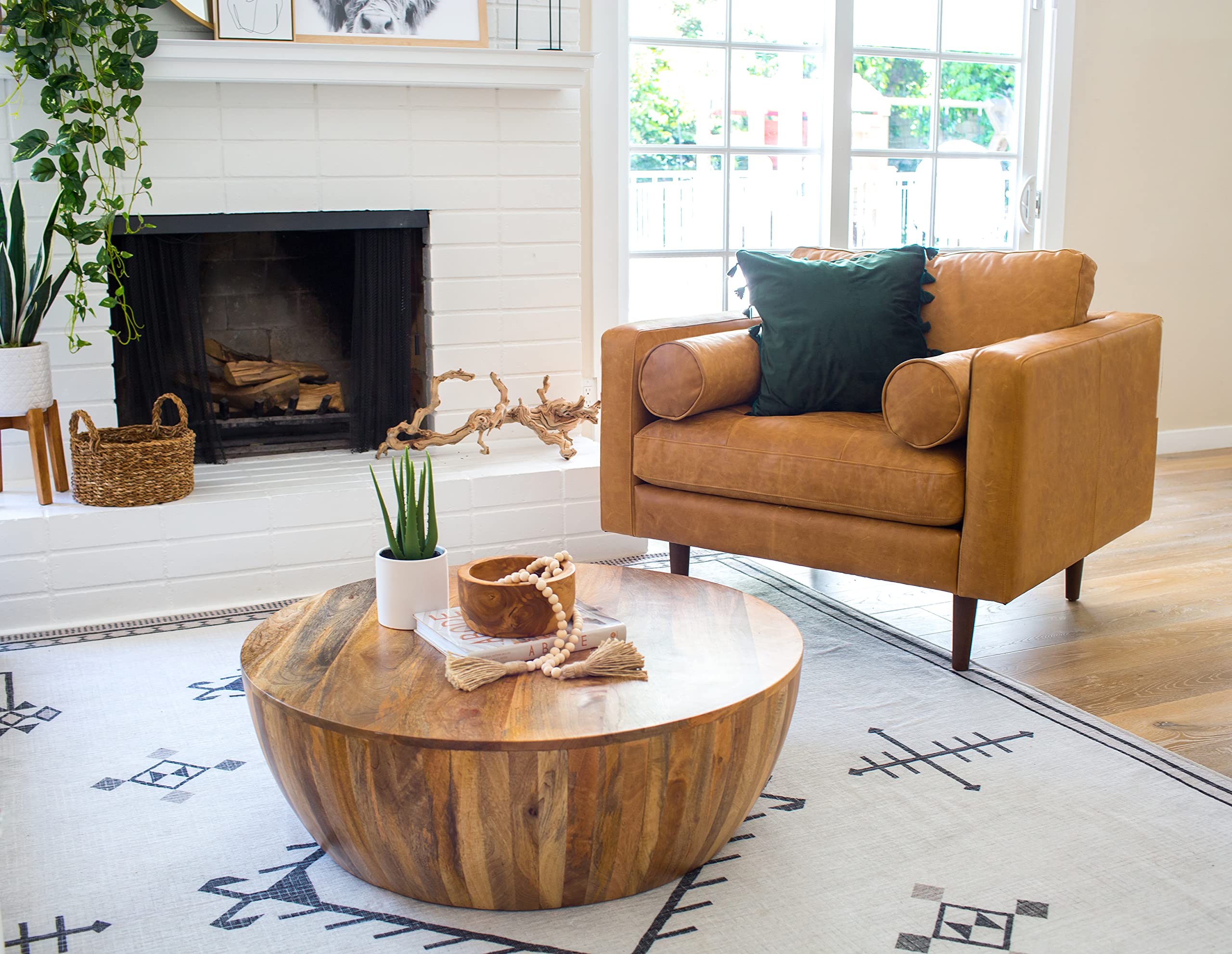 42" Mid Century Modern Cognac Brown Leather Accent Chair for Living Room