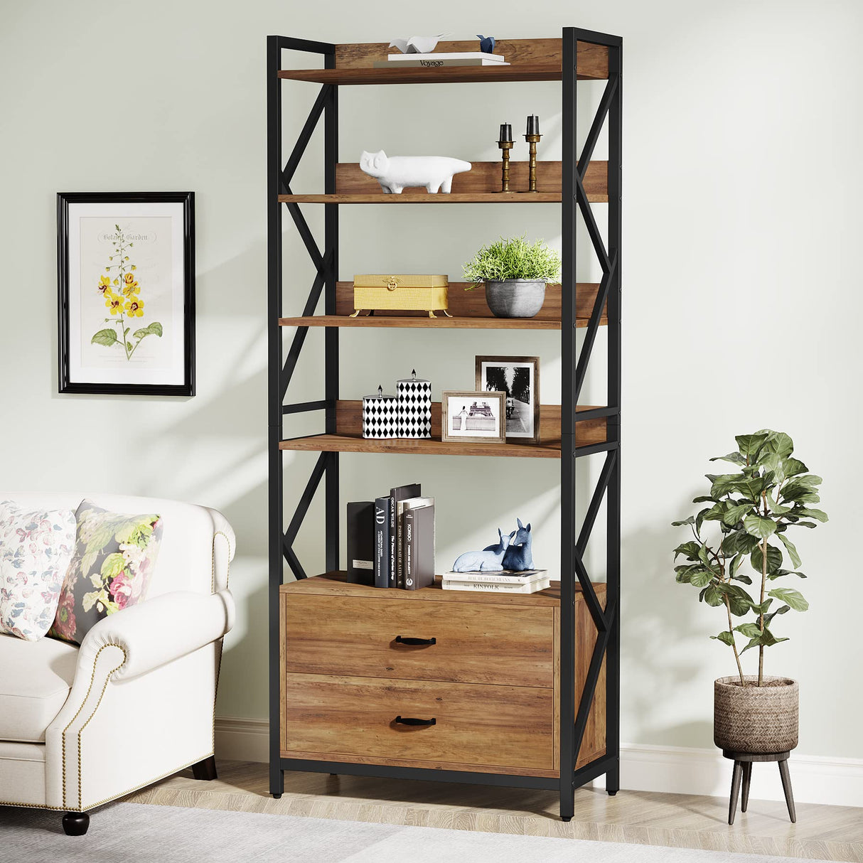 Bookshelf with Drawers, 70.8" Industrial Bookcase with 2 Drawers, 5 Shelf Open Shelf