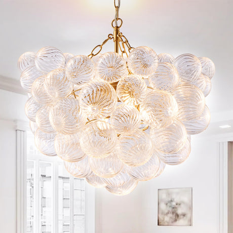 BeyPan Gold Bubble Chandelier Lighting Dia 20" Swirled Clear Ribbed Hand Blown Glass Ball Chandeliers Hanging Decorative Light Fixture for Living Room Hallway Entryway Foyer Dining Room