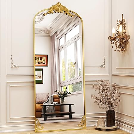 Gold Arched Full-Length Mirror with Stand, 21"x64" Baroque Vintage Body