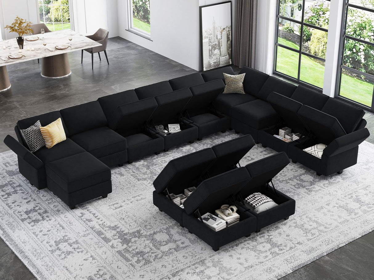 Oversized Modular Sectional Sofa U Shaped Couch with Storage Seat Velvet Sectional Sleeper Sofa Set with Chaise Velvet Black