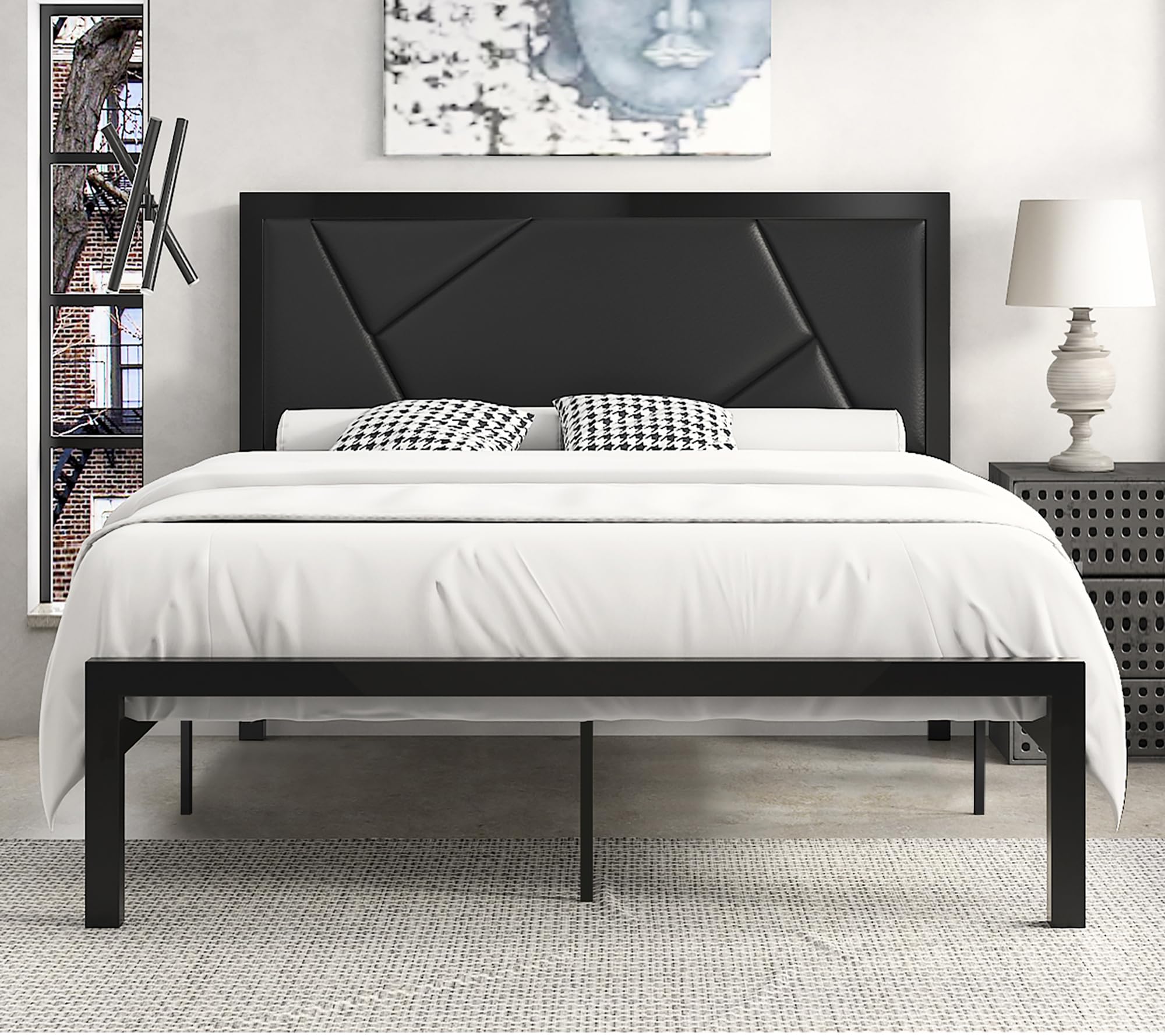SHA CERLIN Modern Queen Size Metal Bed Frame with Litchi Grain Leather Upholstered Headboard, No Box Spring Needed, 12.4" Underbed Storage, Black