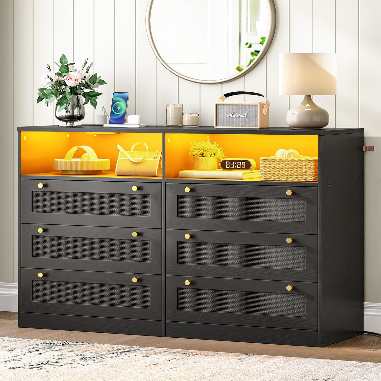 6 Drawer Dresser with LED Lights and Charging Station, Rattan Chest