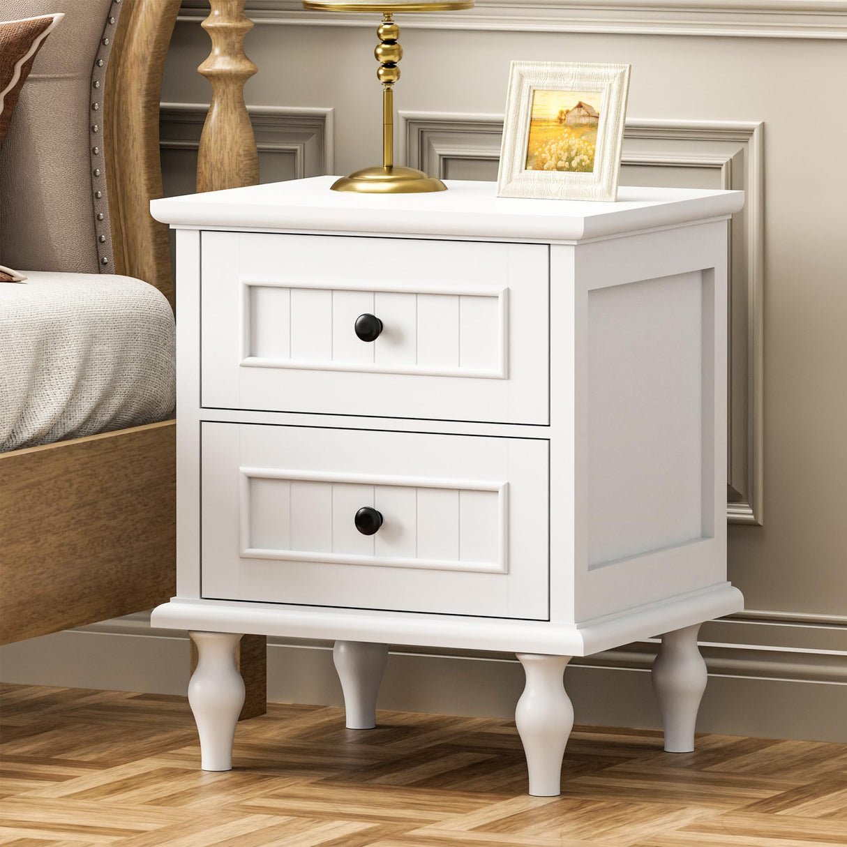 Nightstand, Antique Style End Table with 2 Drawers, Taller Nightstand for Bedroom