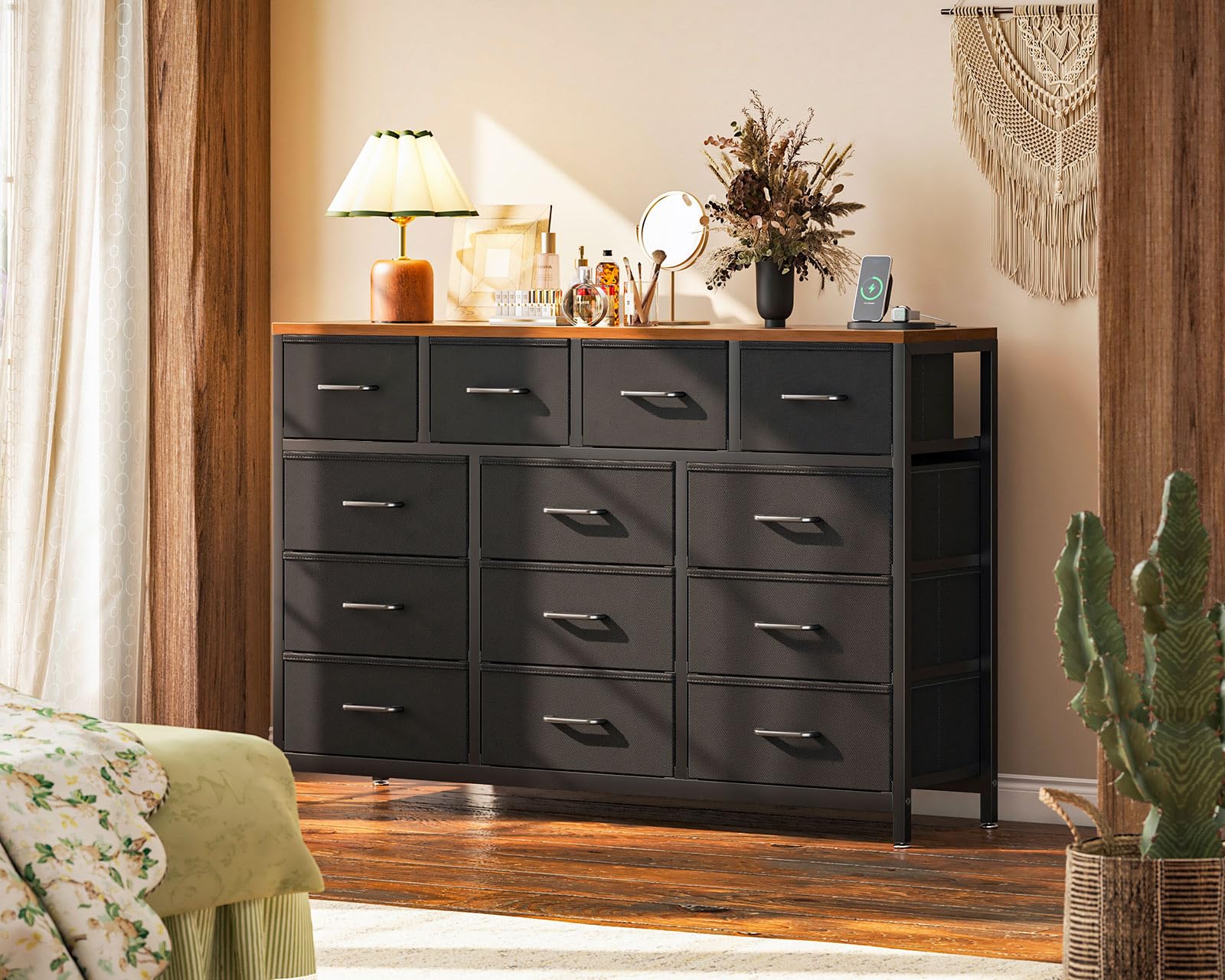 Dresser for Bedroom with Charging Station, 57" Long Dresser with 13 Storage Drawers