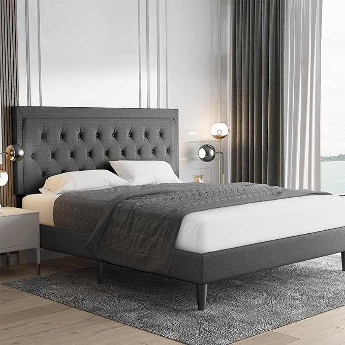 Full Size Bed Frame Upholstered Platform Bed with Adjustable Headboard