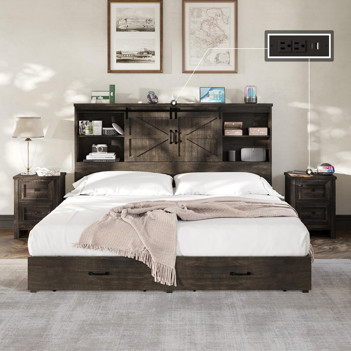 Quen Bed Frame with Nightstands Set of 2, 3-Piece Bedroom Set, Wood Platform Bed