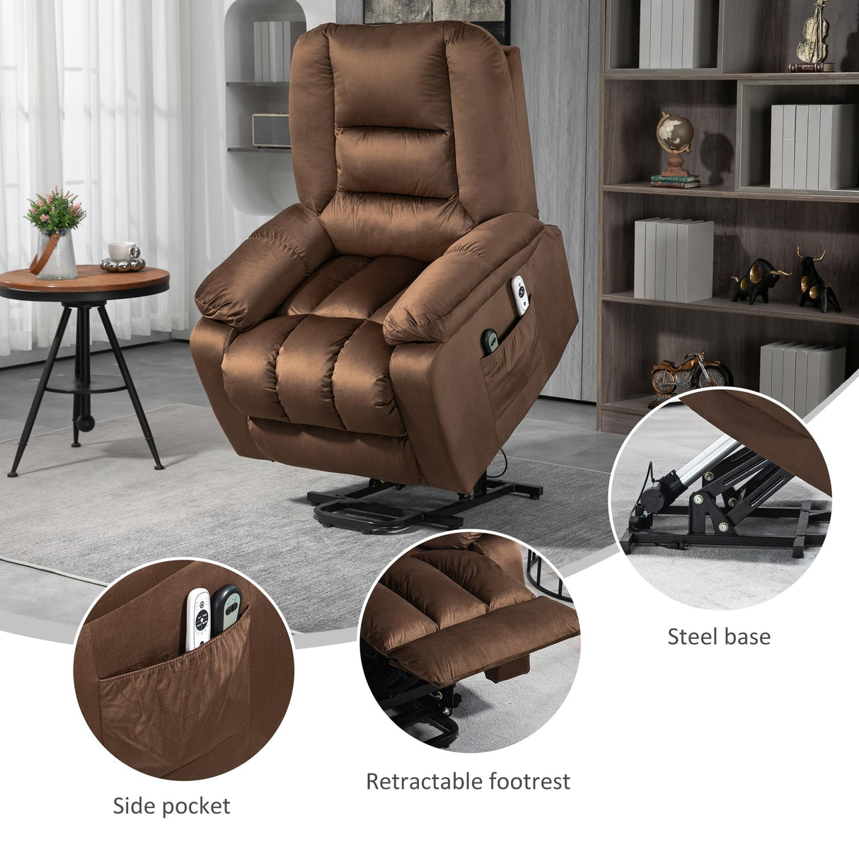 Power Lift Recliner Chair, Ergonomic Massage Chair with 4 Positions and Heating, Fabric Overstuffed Living Room Chairs with Side Pockets, Dark Brown