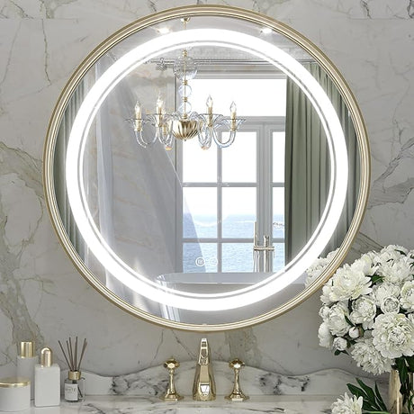 36 Inch LED Black Framed Round Mirror for Bathroom with Lights Wall Mounted Vanity