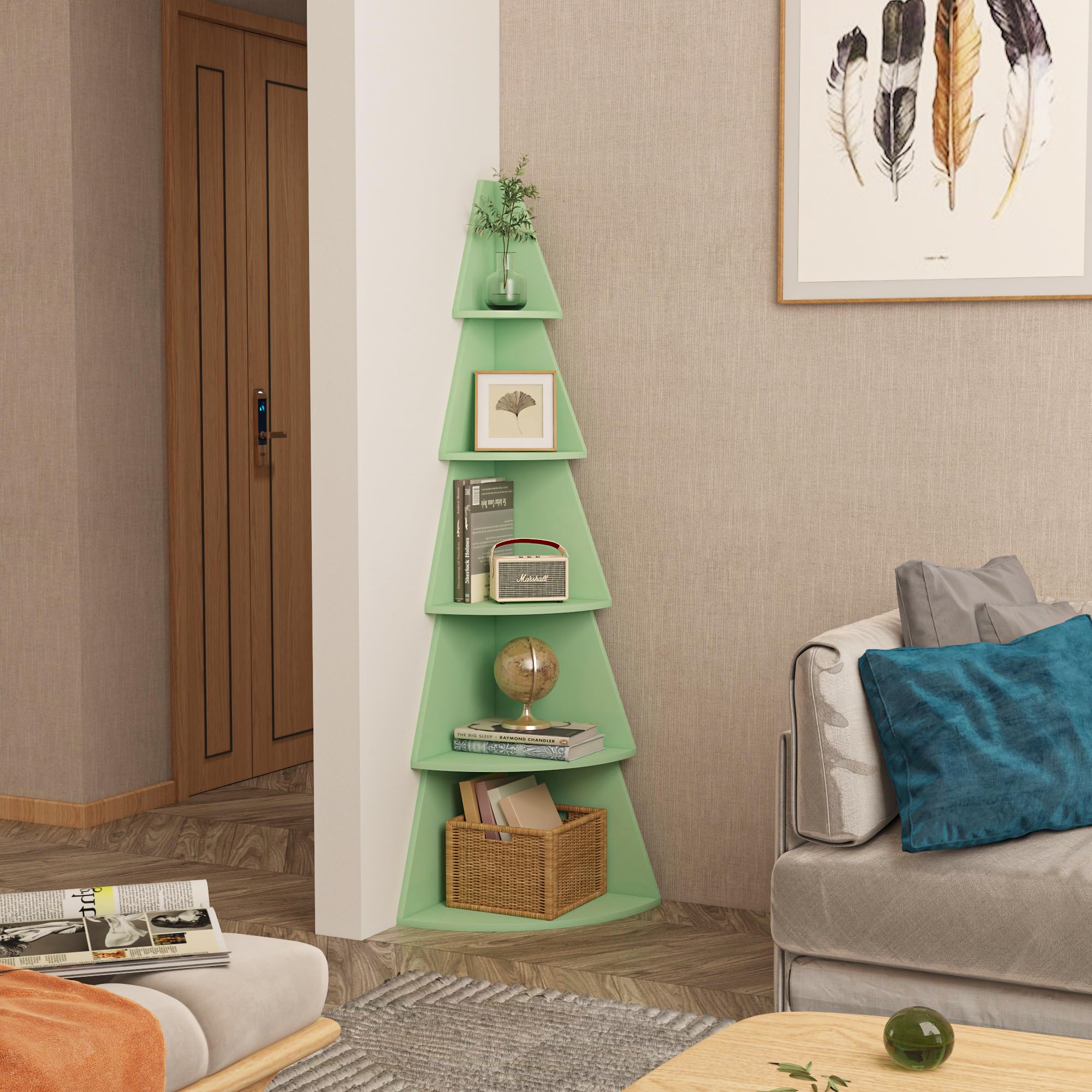 5 Tier Green Corner Book Shelf, 62" Tall Tree Corner Bookshelf with Storage,
