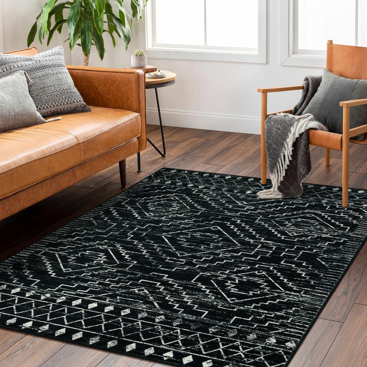 Moroccan Washable Rug 4x6, Black Boho Living Room Area Rug, Non-Slip Farmhouse Bedroom Carpet Dorm Room