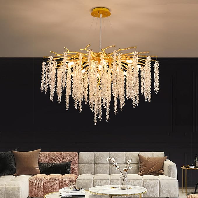 Crystal Tree Branches Chandeliers Gold Luxury Round Raindrop Pendant Light 12 Lights