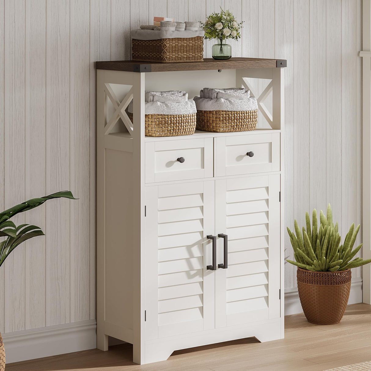 Farmhouse Storage Cabinet, Bathroom Floor Cabinet with Doors and Drawers