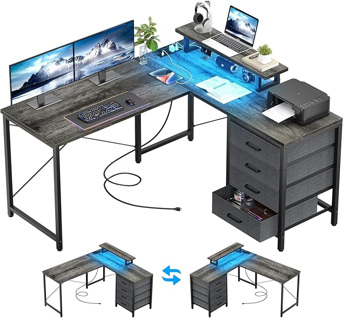 L Shaped Desk with Drawers & Power Outlets, Reversible Computer Desk with LED