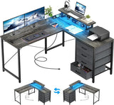 L Shaped Desk with Drawers & Power Outlets, Reversible Computer Desk with LED
