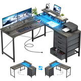 L Shaped Desk with Drawers & Power Outlets, Reversible Computer Desk with LED