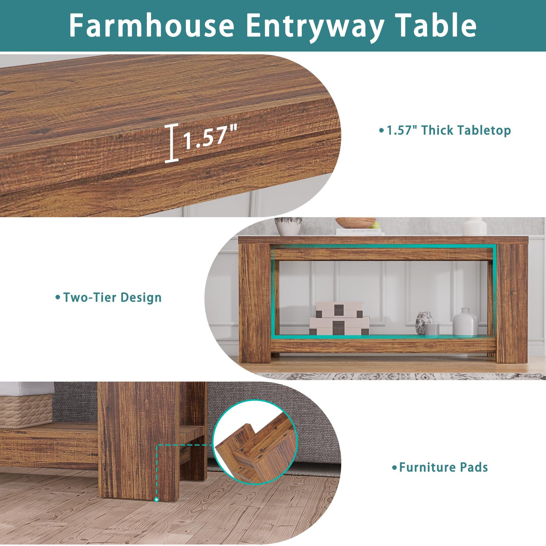 70.9" Farmhouse Console Table with Storage Shelf - Rustic Brown