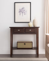 10075-CH Two Drawer Sofa Table Hall Console with Shelf, Chocolate Oak, 11 in x 30