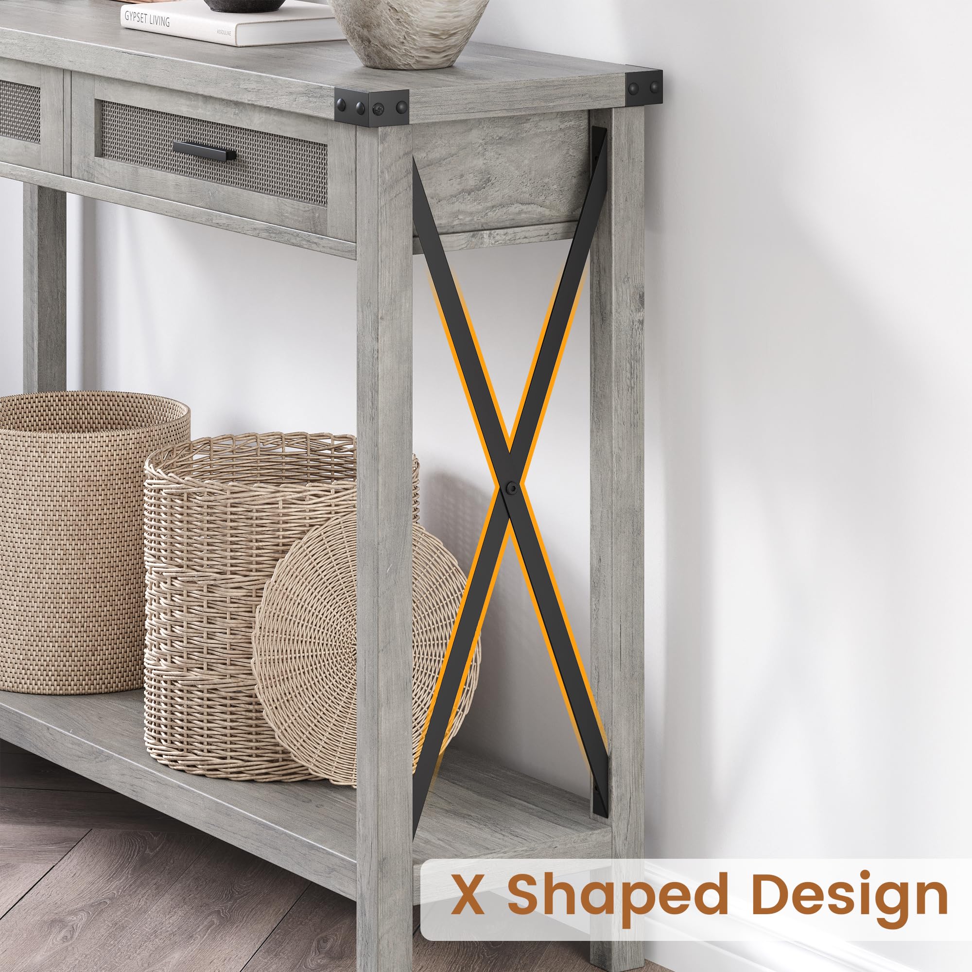 Farmhouse Entryway Table with Rattan Drawers, Grey Console Table for Entryway,