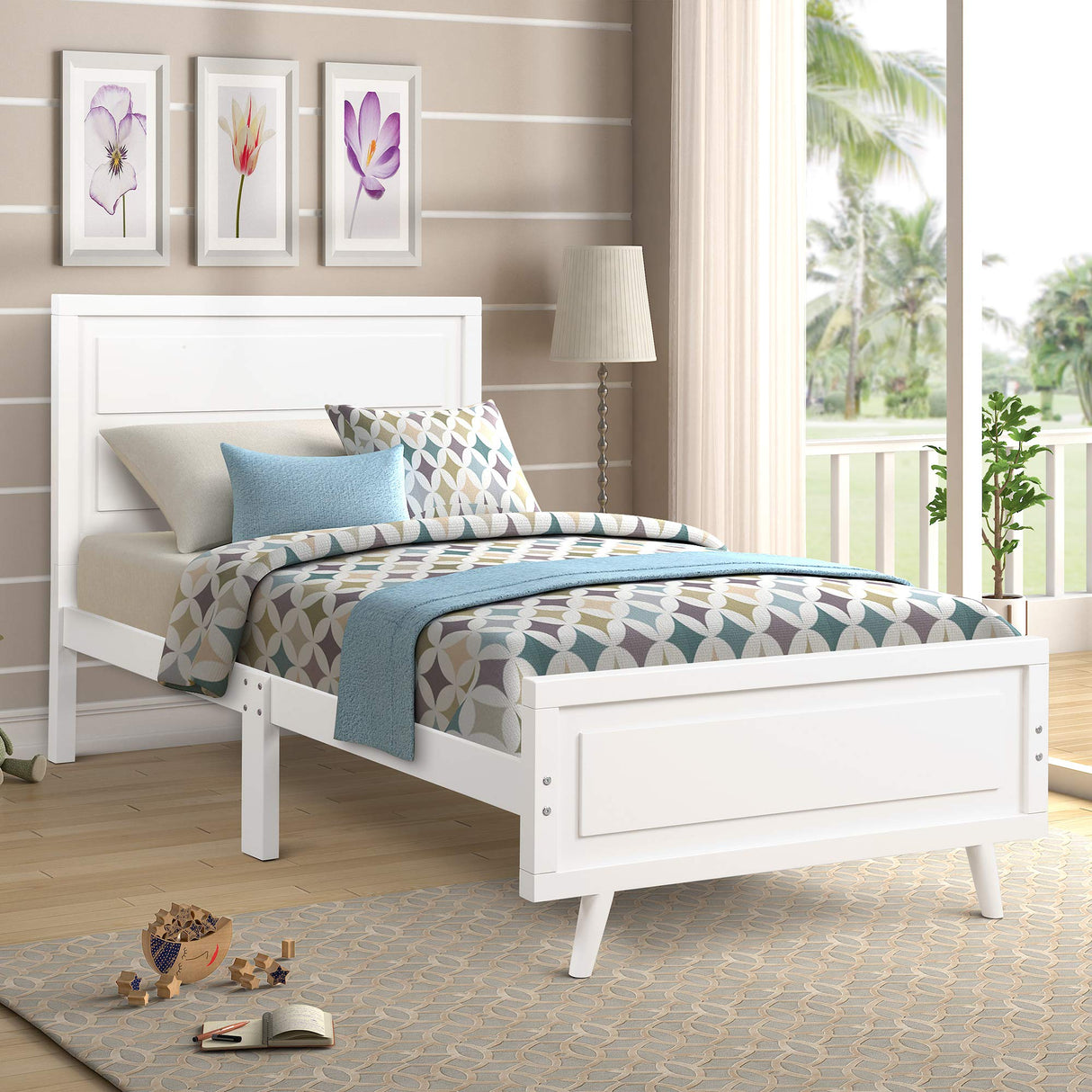 Twin for Girls, Hard Wood Platform Bed with Oxford Headboard Foot Board Wood Slats