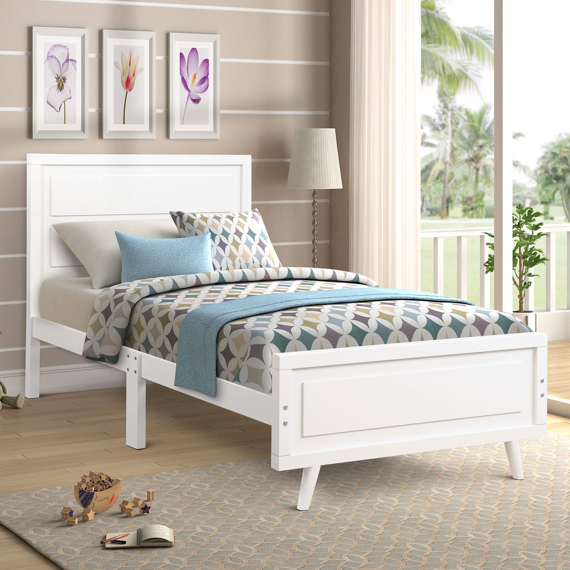 Twin for Girls, Hard Wood Platform Bed with Oxford Headboard Foot Board Wood Slats