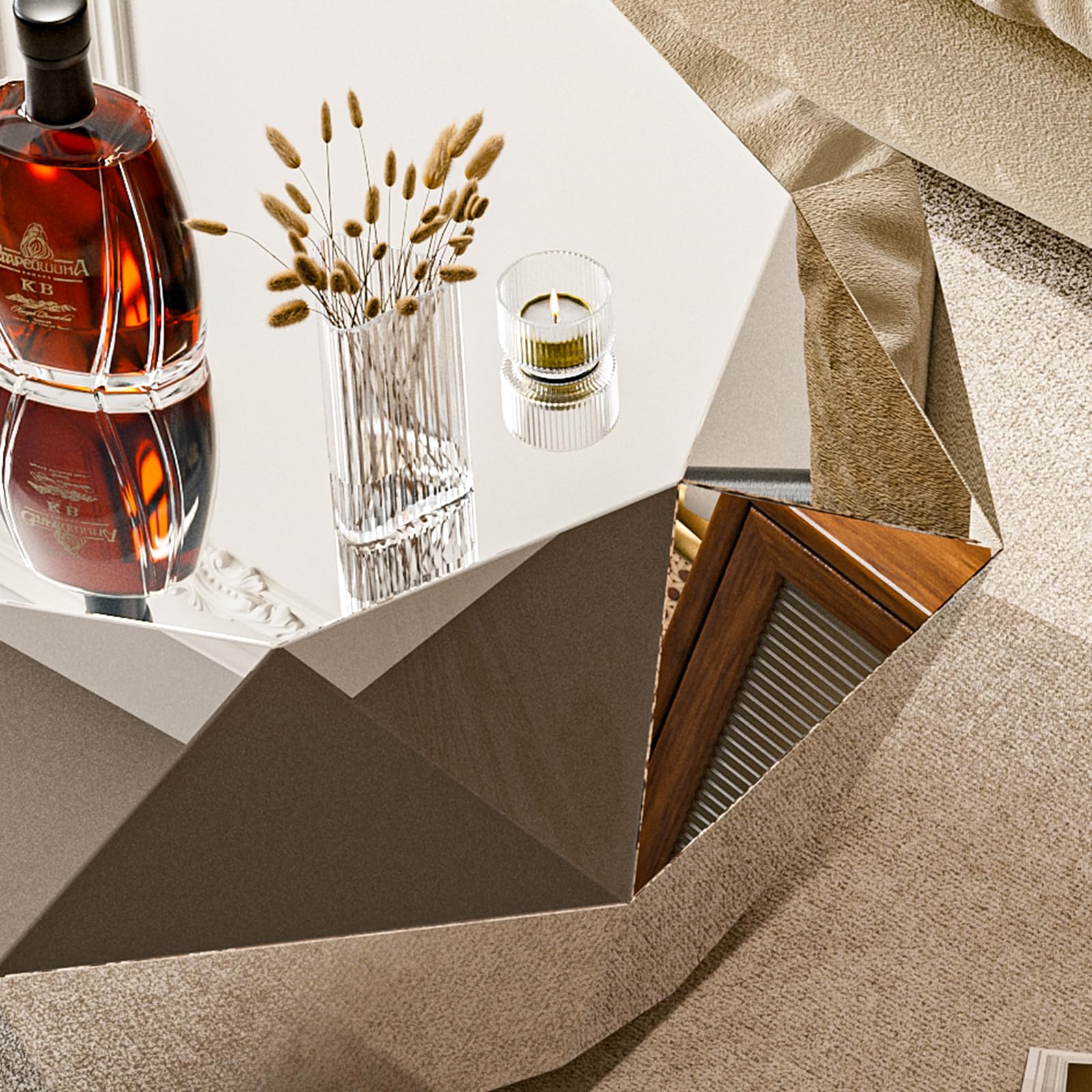 Modern Silver Stainless Coffee Table, Small Diamond Fashion Design