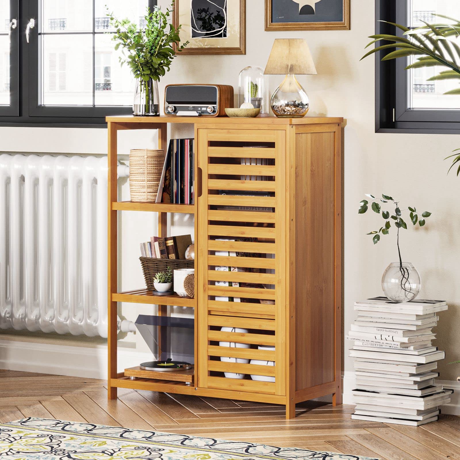Bathroom Cabinet Bamboo Storage Cabinet with Doors and 3 Side Shelves
