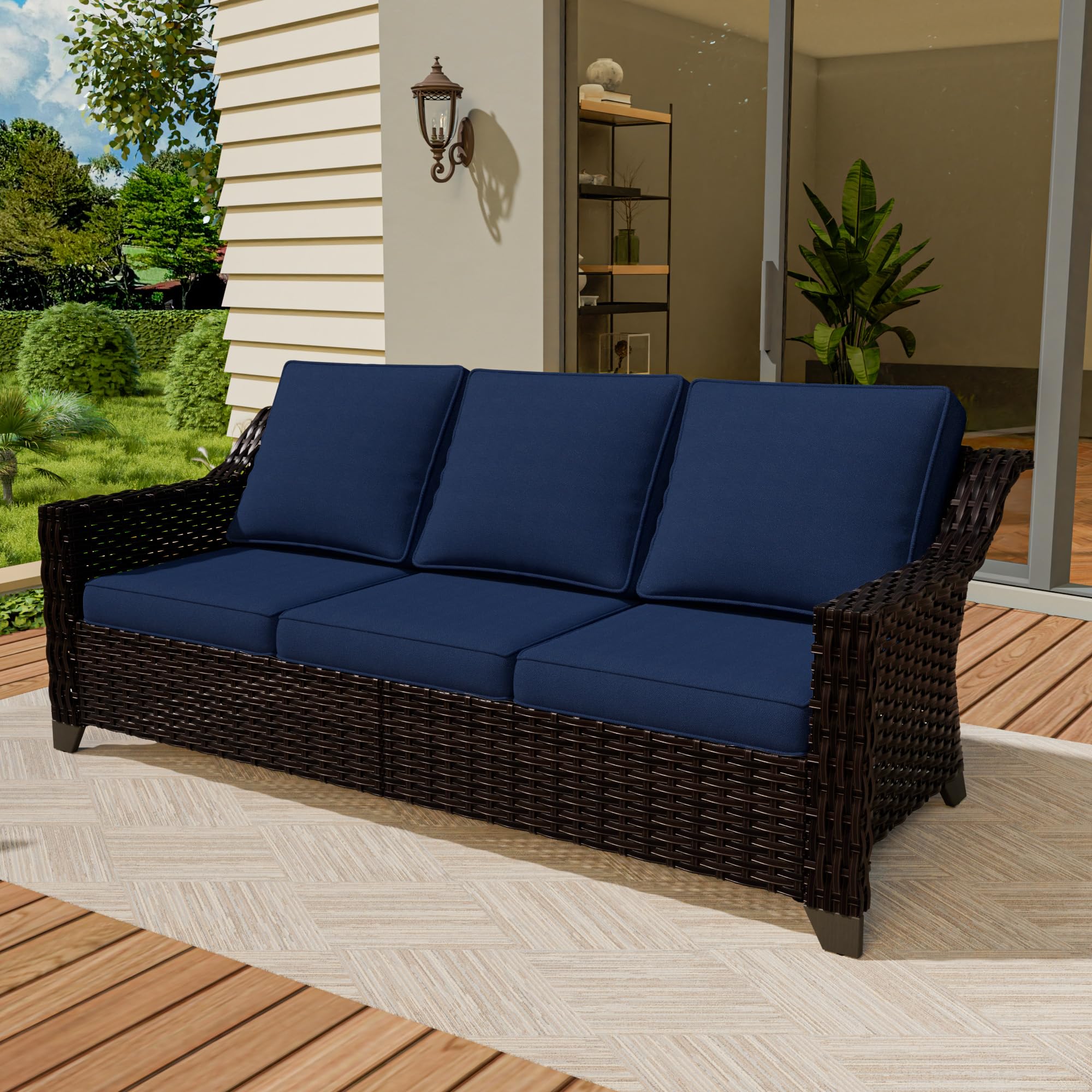 78" Patio Wicker 3-seat Sofa, Deep Seat & Upholstered Loveseat
