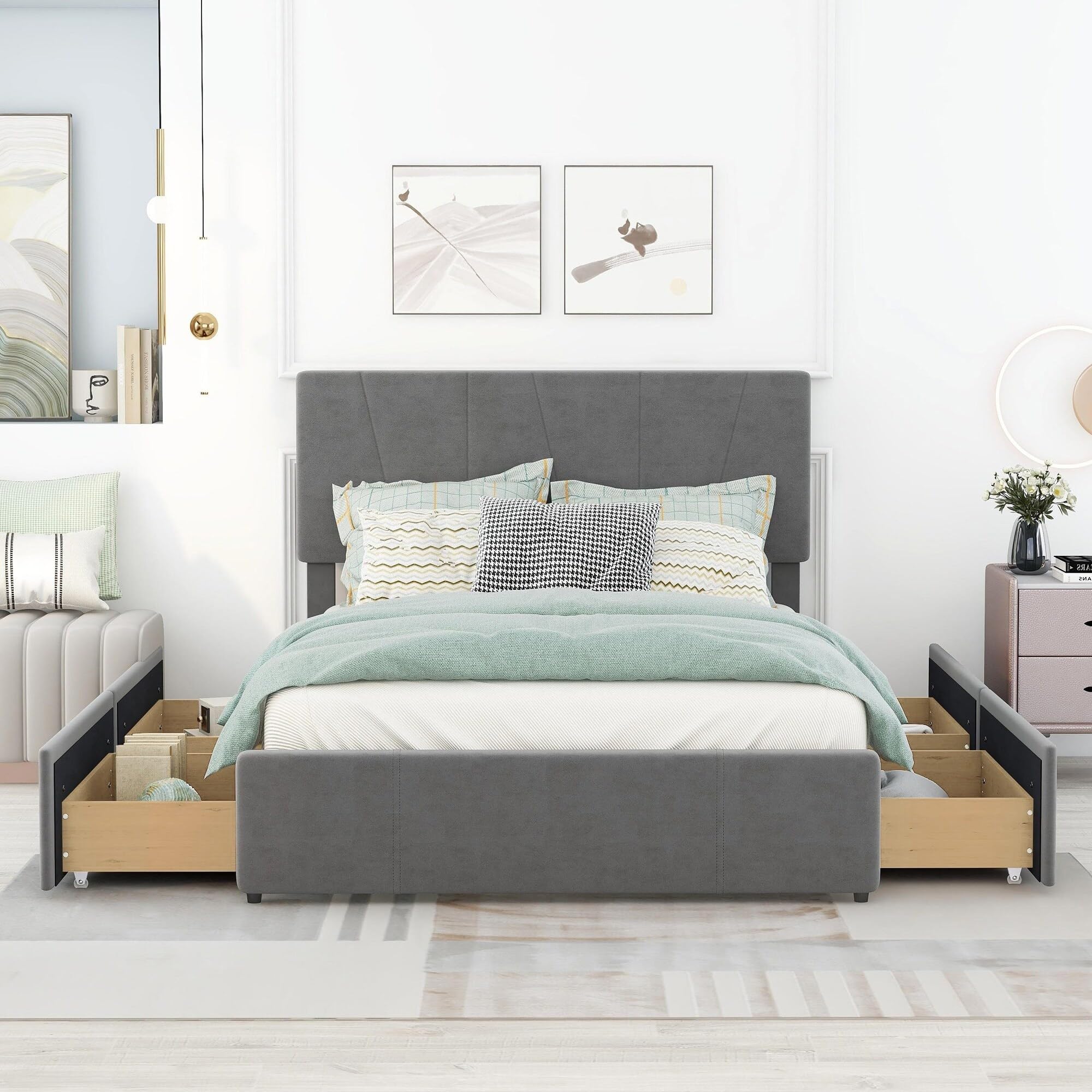 Upholstery Platform Bed with Four Drawers on Two Sides Grey - Full