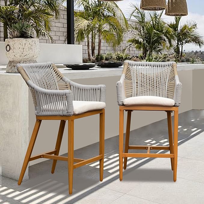 Counter Height Bar Stools Chair Set of 2, Modern Patio Aluminum Bar Stools