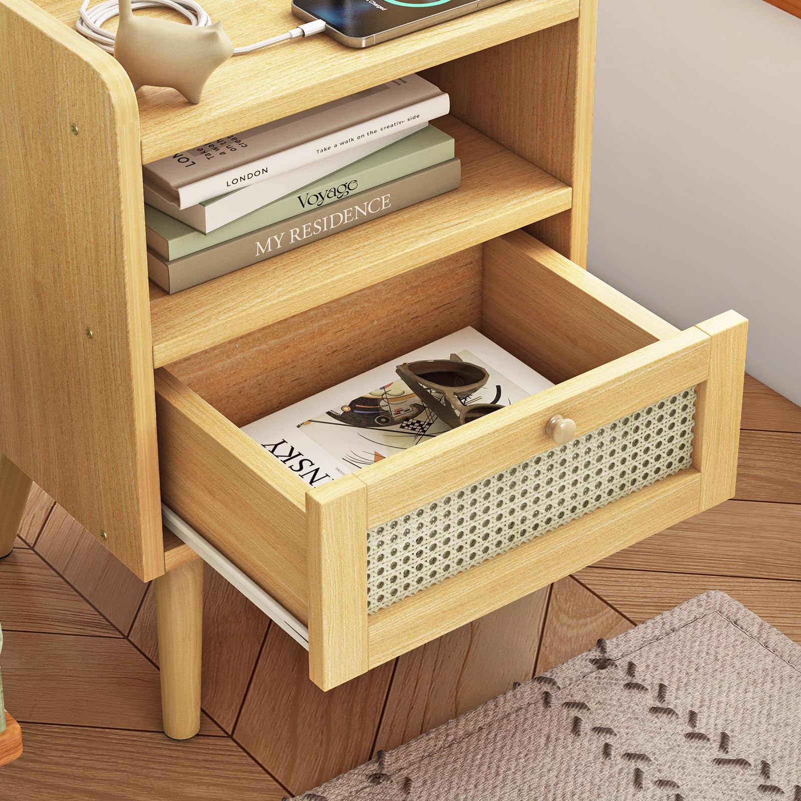 Nightstands Set of 2 with Charging Staion, Night Stand with Rattan Decor Drawer