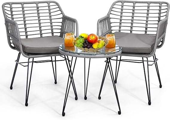 3 Pieces Wicker Patio Bistro Furniture Set, Includes 2 Chairs and Glass Top Tabler