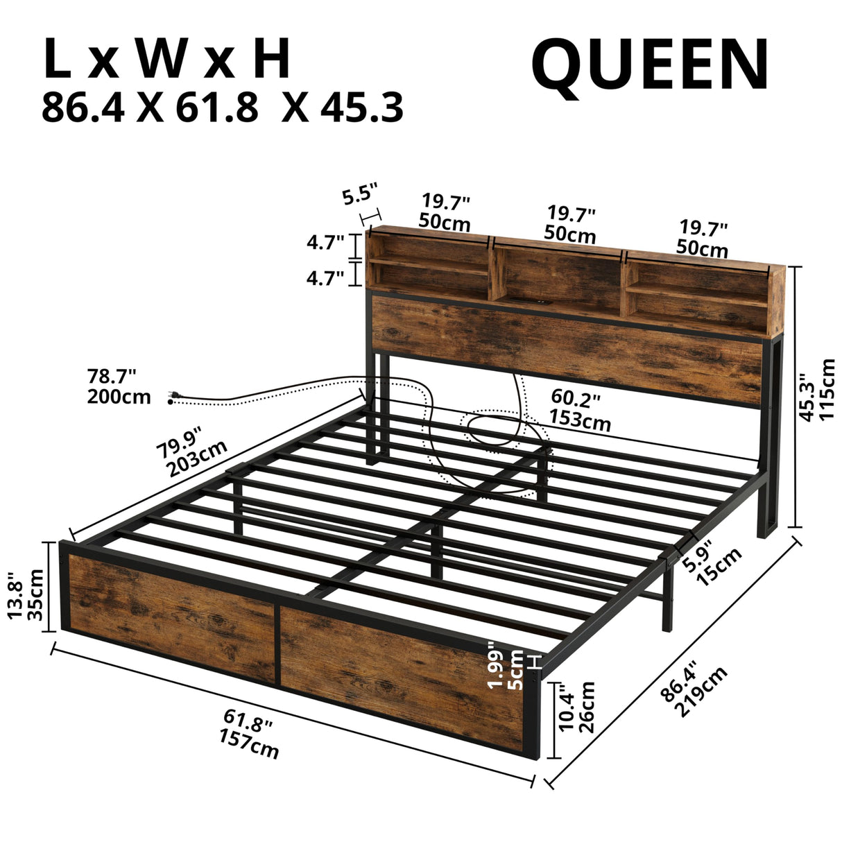 Queen Bed Frame with Tall Bookcase Headboard and Charging Station, Sturdy and No