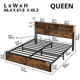 Queen Bed Frame with Tall Bookcase Headboard and Charging Station, Sturdy and No