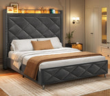 Queen Bed Frame with Tall Storage Headboard, Bed Frame Queen Size with Charging