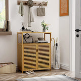 Bathroom Floor Cabinet, Bamboo Storage Cabinet with Doors and Open Shelves