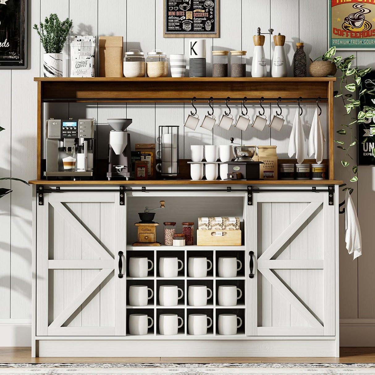 Farmhouse Coffee Bar Cabinet with 8 Hooks, 55” Kitchen Hutch Cabinet with Storage