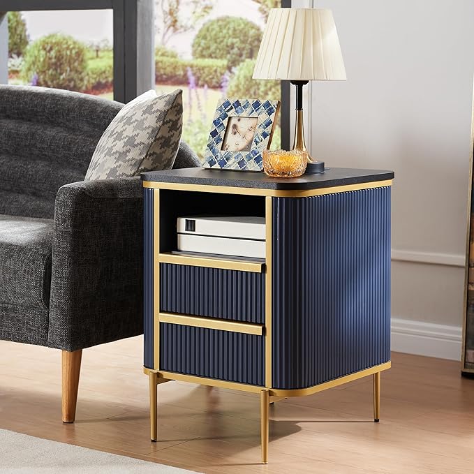 Modern Chic Fluted Nightstand Luxury with Charging Station, End Table/Bed Side Table w/2 Drawers