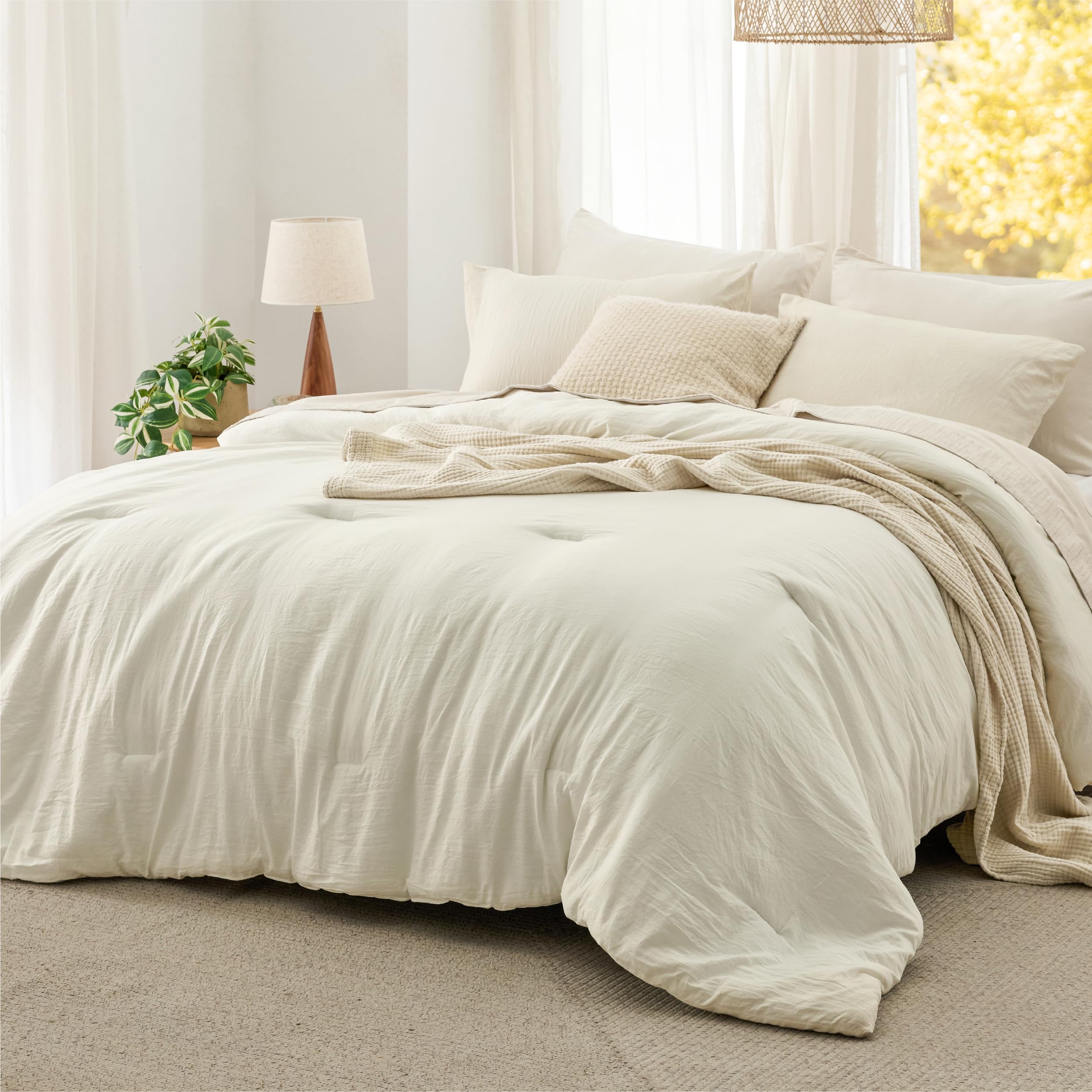 Queen Size Comforter Set - Ivory Soft Prewashed 3-Piece Bedding
