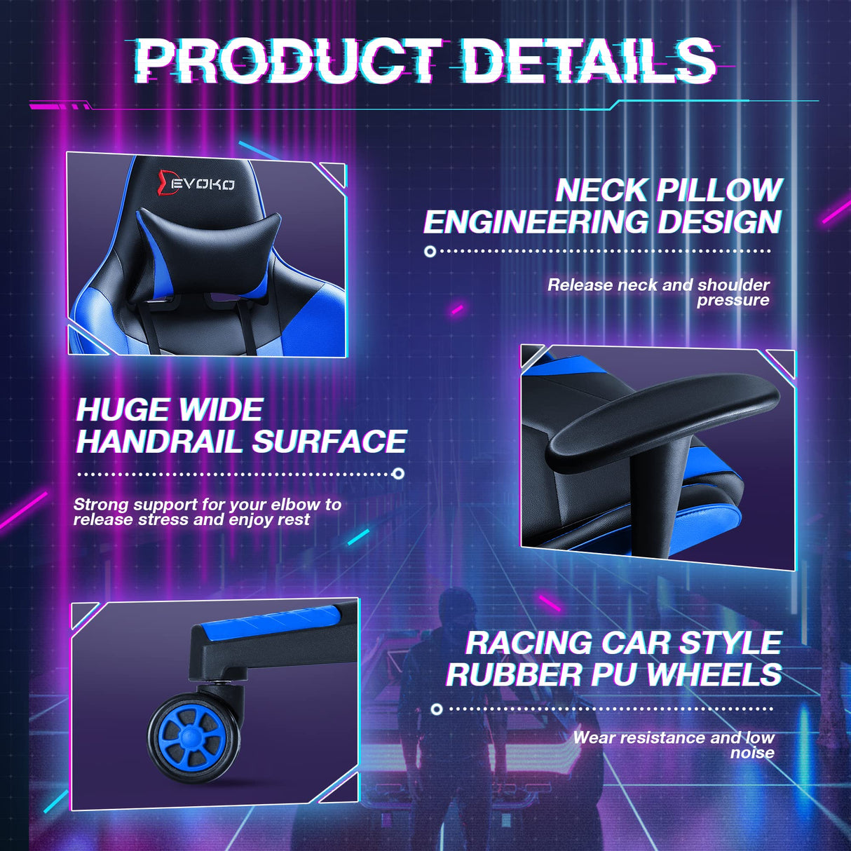 Ergonomic Gaming Chair with Lumbar Support - Blue Racing Style