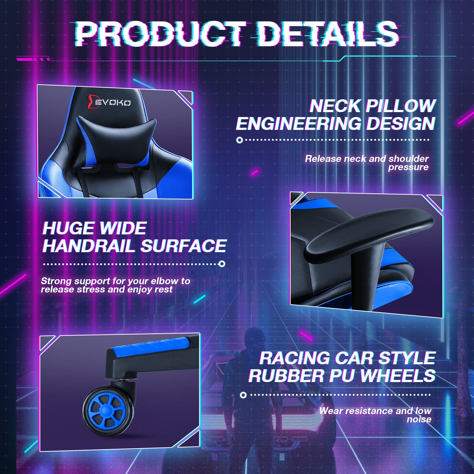 Ergonomic Gaming Chair with Lumbar Support - Blue Racing Style