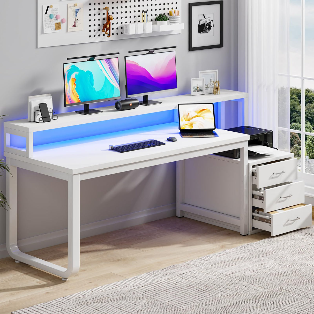 White Desk with 3 Drawers, 67 Inch White Computer Desk with Long Hutch, Home Office