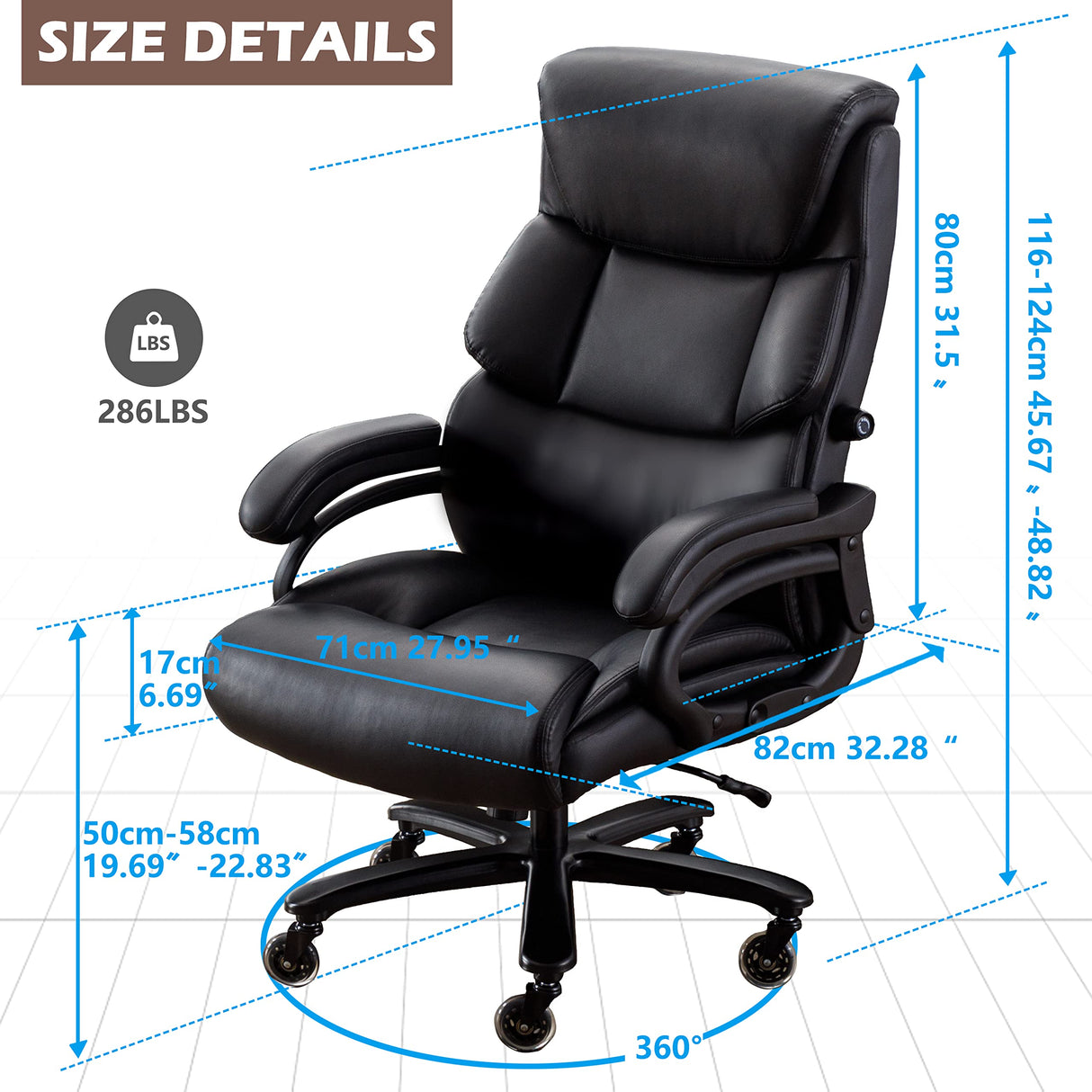 Office Chair Black Leather Ergonomic High Back Big and Tall Executive Home Office Chair