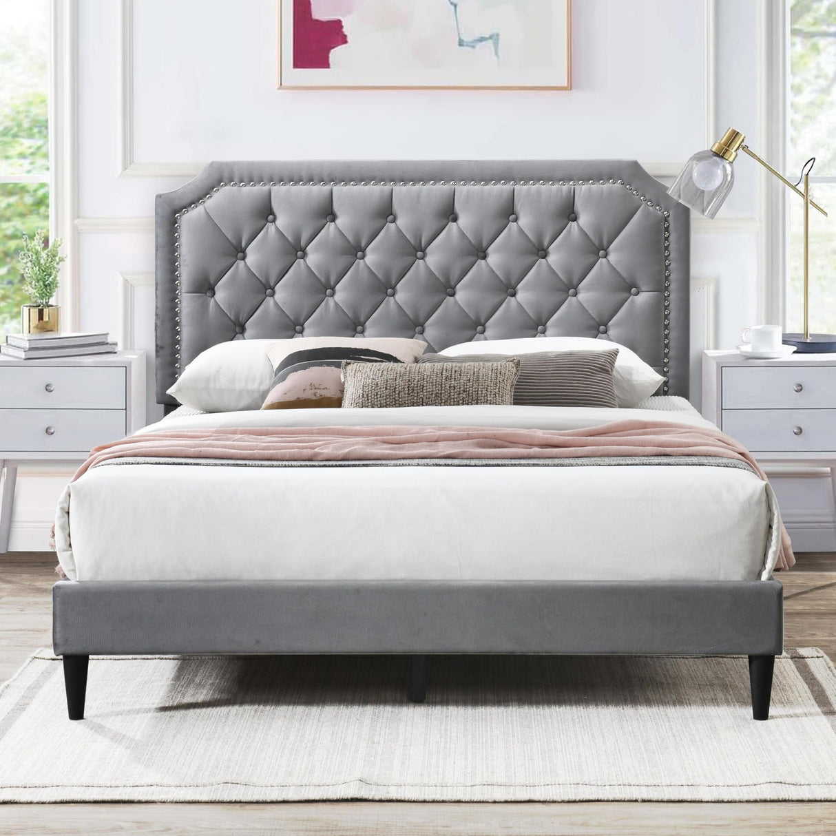 Queen Size Bed Frame, Velvet Upholstered Platform Bed, Modern Tufted Buttoned Design