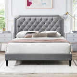 Queen Size Bed Frame, Velvet Upholstered Platform Bed, Modern Tufted Buttoned Design