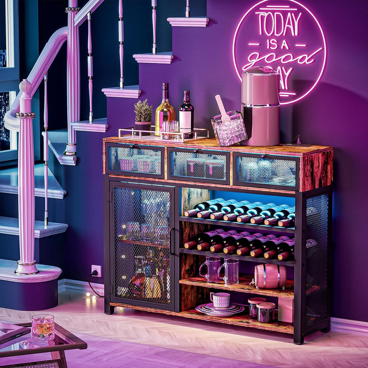 Bar Cabinet with RGB LED Lights,Wine Bar Cabinet with 3 Drawers, Home Bar Cabinet