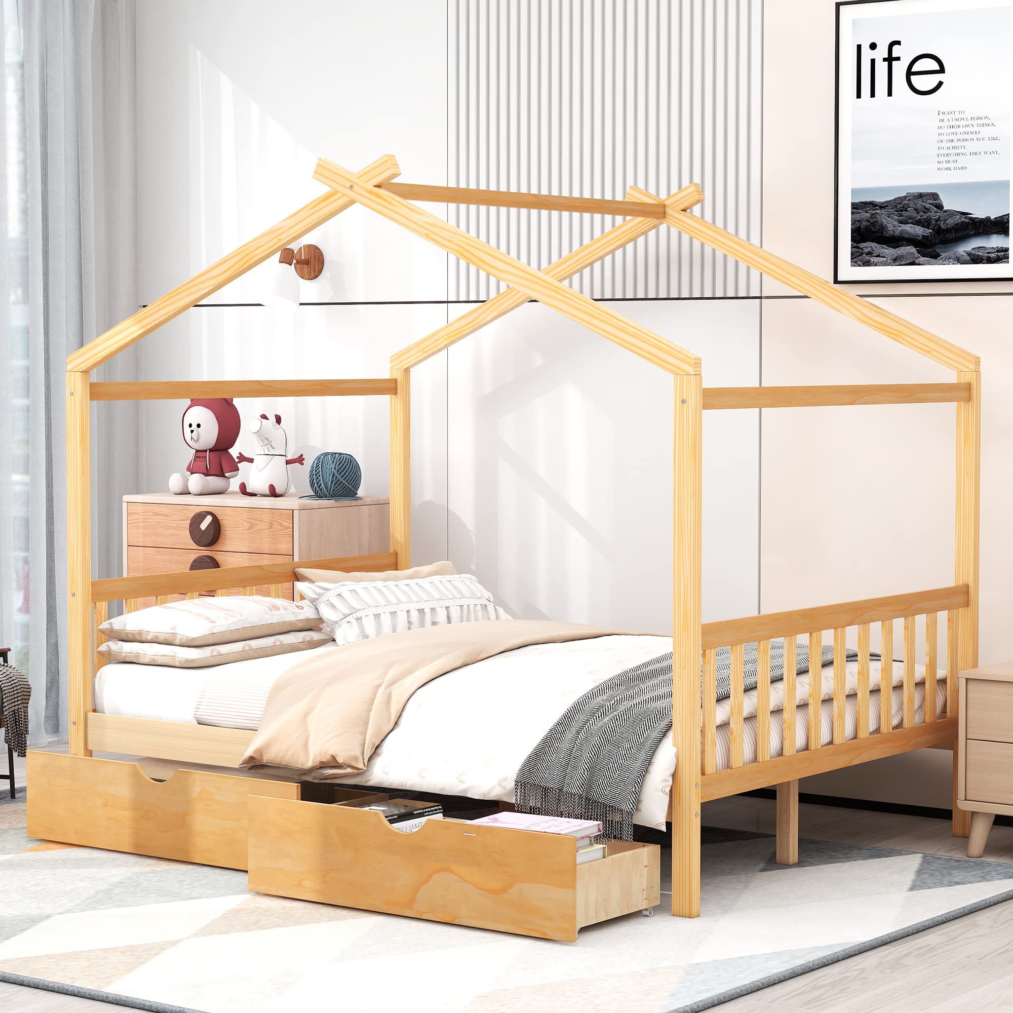 Full Size House Bed for Kids, Montessori Bed, Wood Full Platform Bed Frame