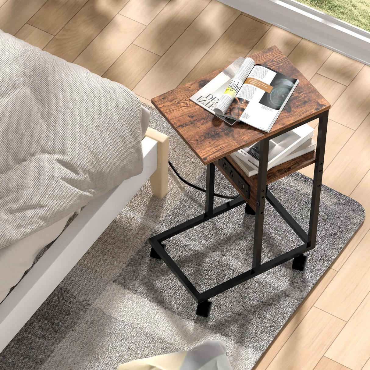 C Shaped End Table with Charging Station,Side Table for Couch