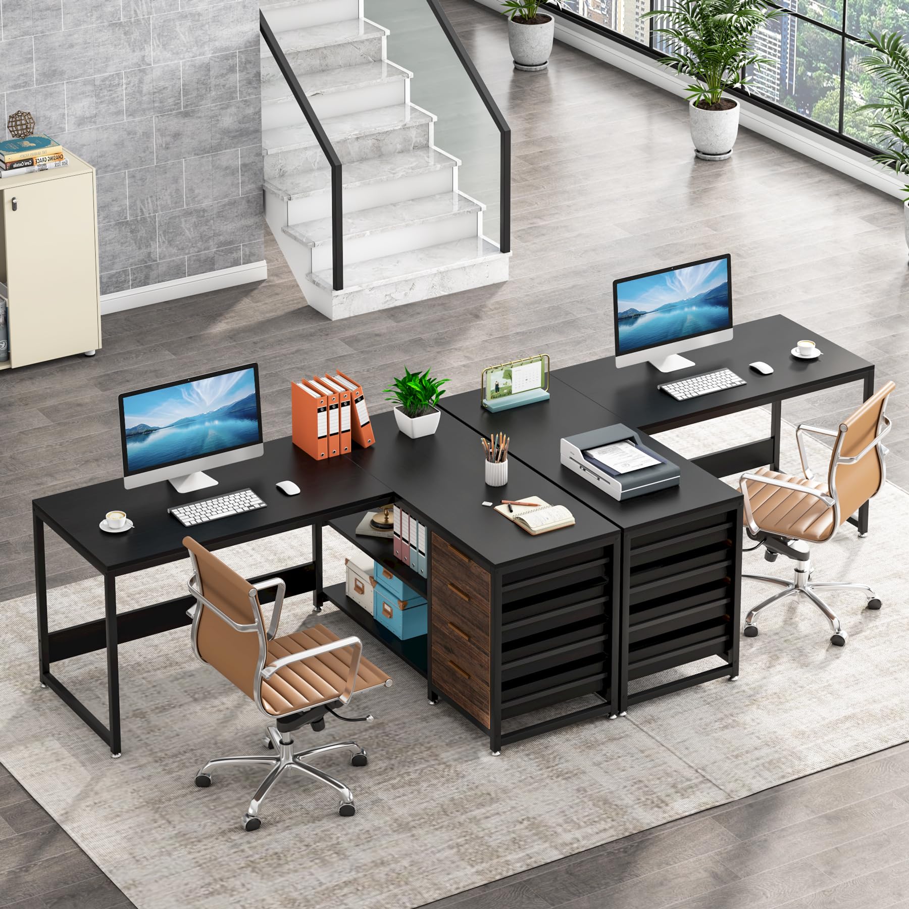 L Shaped Computer Desk with Storage Drawers, 59 inch Corner Desk with Shelves